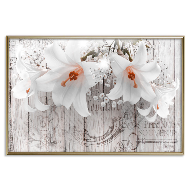 Poster Lily World - white lily flower on wooden background with retro inscriptions 122284 additionalImage 20