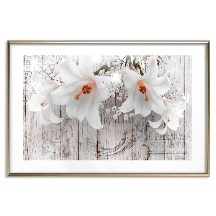 Poster Lily World - white lily flower on wooden background with retro inscriptions 122284 additionalImage 16