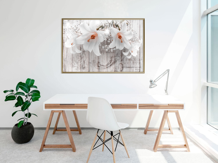Poster Lily World - white lily flower on wooden background with retro inscriptions 122284 additionalImage 7