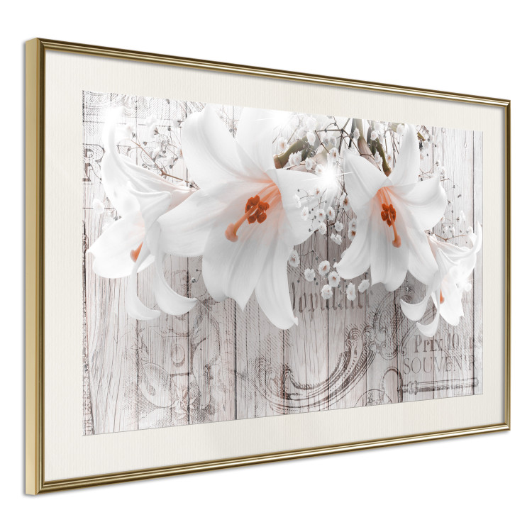 Poster Lily World - white lily flower on wooden background with retro inscriptions 122284 additionalImage 2