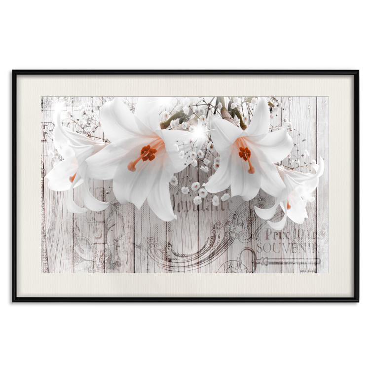 Poster Lily World - white lily flower on wooden background with retro inscriptions 122284 additionalImage 18