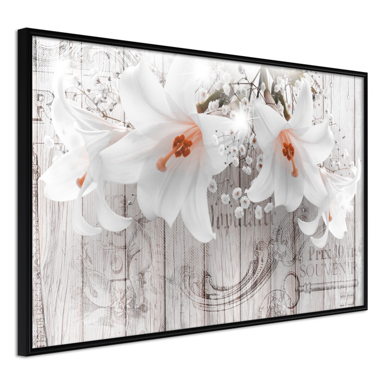 Poster Lily World - white lily flower on wooden background with retro inscriptions 122284 additionalImage 10