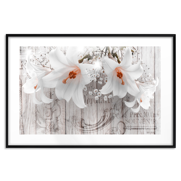 Poster Lily World - white lily flower on wooden background with retro inscriptions 122284 additionalImage 15