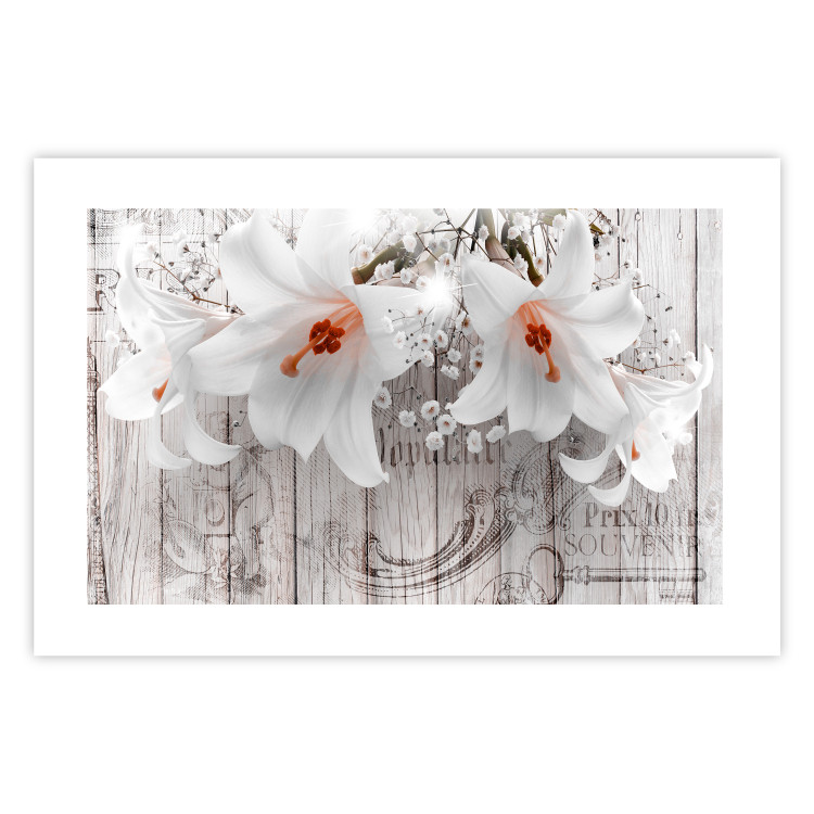 Poster Lily World - white lily flower on wooden background with retro inscriptions 122284 additionalImage 25