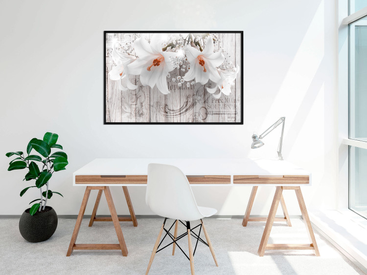 Poster Lily World - white lily flower on wooden background with retro inscriptions 122284 additionalImage 3