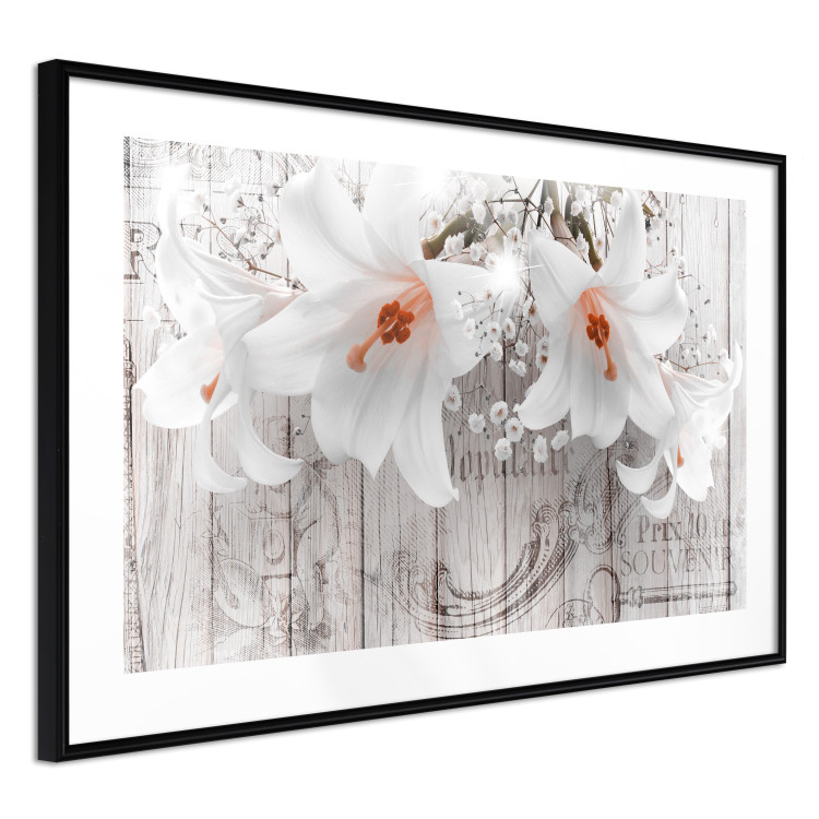 Poster Lily World - white lily flower on wooden background with retro inscriptions 122284 additionalImage 13