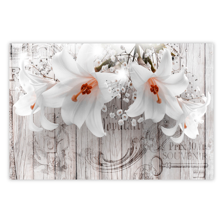 Poster Lily World - white lily flower on wooden background with retro inscriptions 122284