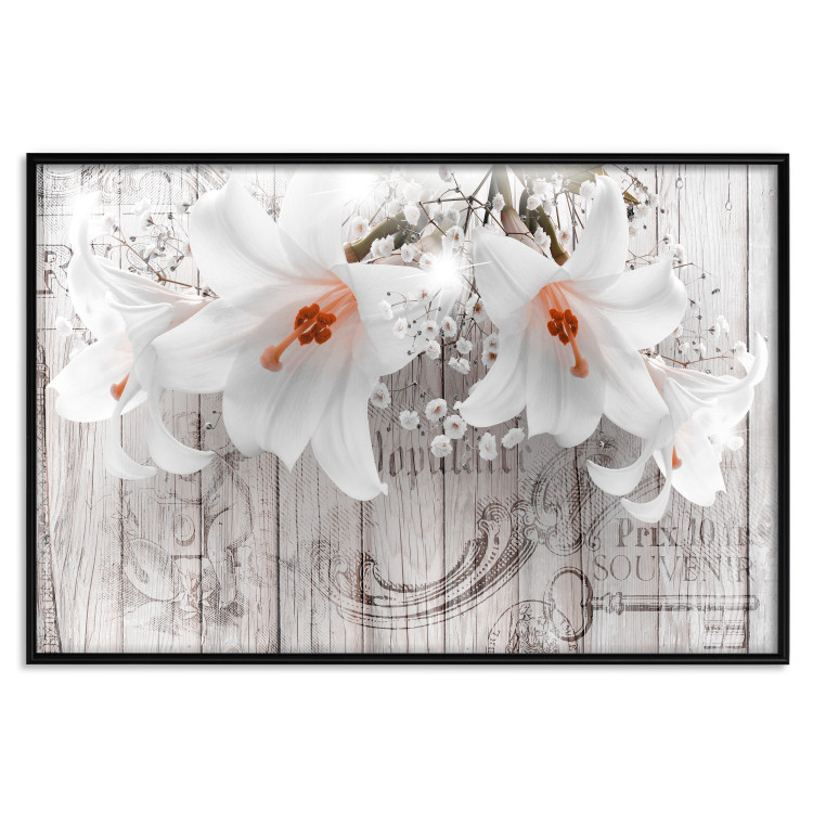 Poster Lily World - white lily flower on wooden background with retro inscriptions 122284 additionalImage 24