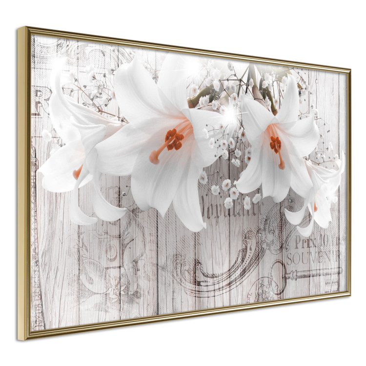 Poster Lily World - white lily flower on wooden background with retro inscriptions 122284 additionalImage 14