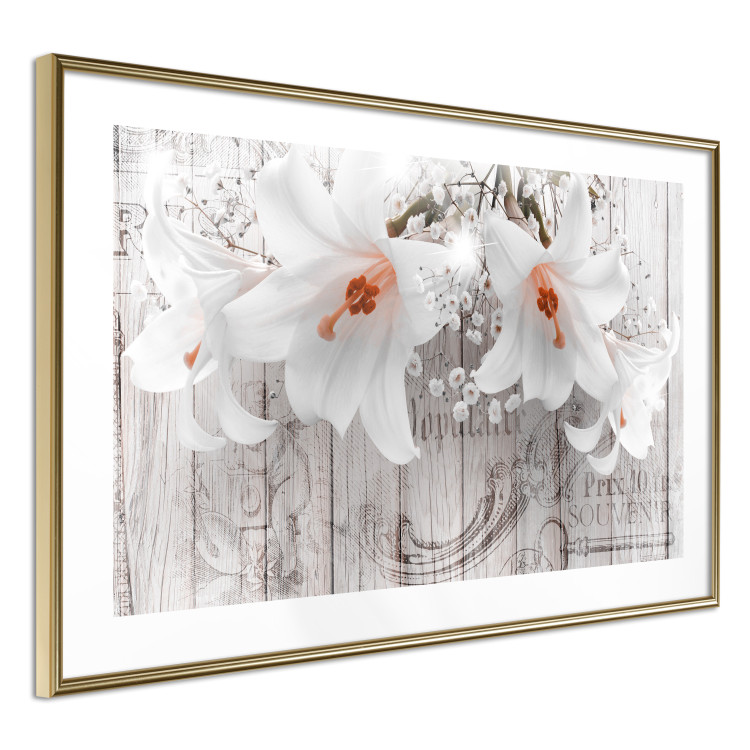 Poster Lily World - white lily flower on wooden background with retro inscriptions 122284 additionalImage 8