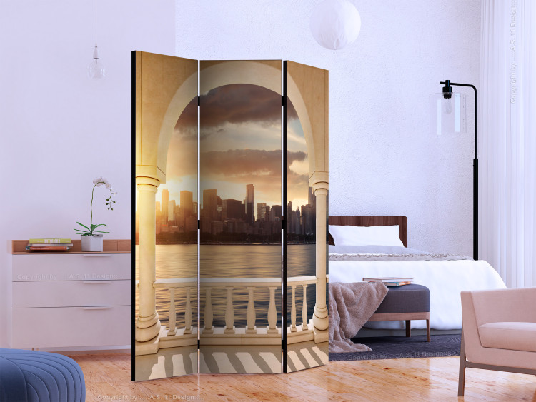 Room Divider Screen Dream of New York (3-piece) - river and city seen from behind columns 124184 additionalImage 2