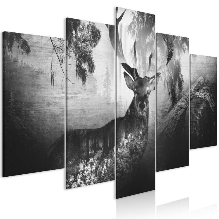 Canvas Print Black and white deer among trees - forest animal on black background 125884 additionalImage 2