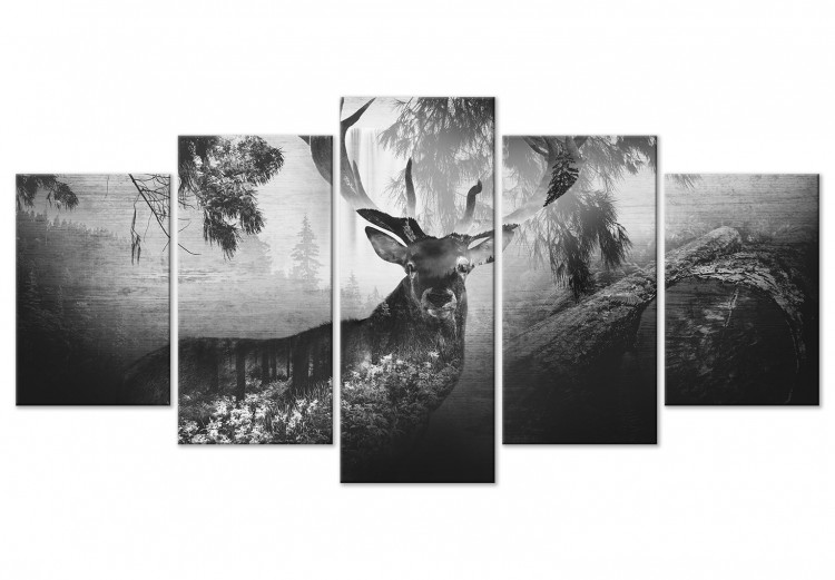 Canvas Print Black and white deer among trees - forest animal on black background 125884