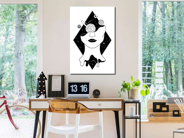 Canvas Print Planets, Moon and woman figure in a diamond - black-white abstraction 128484 additionalImage 3