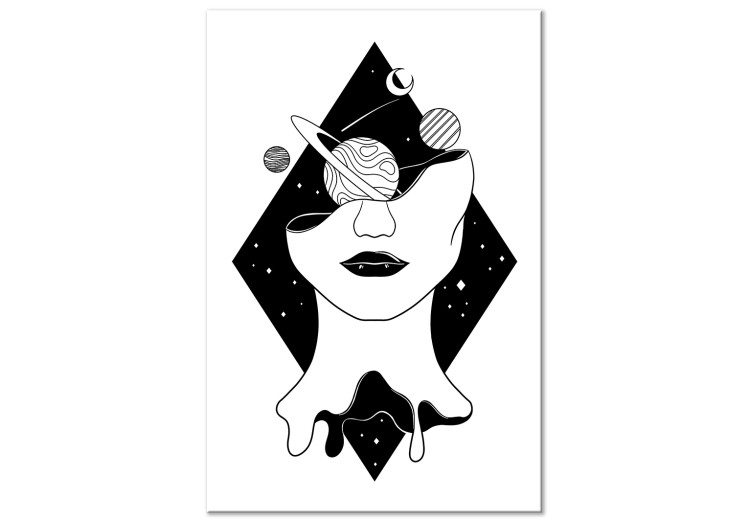 Canvas Print Planets, Moon and woman figure in a diamond - black-white abstraction 128484
