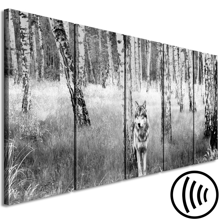Canvas Print Lone Predator (5-part) narrow - wolf in a black and white forest 129384 additionalImage 6