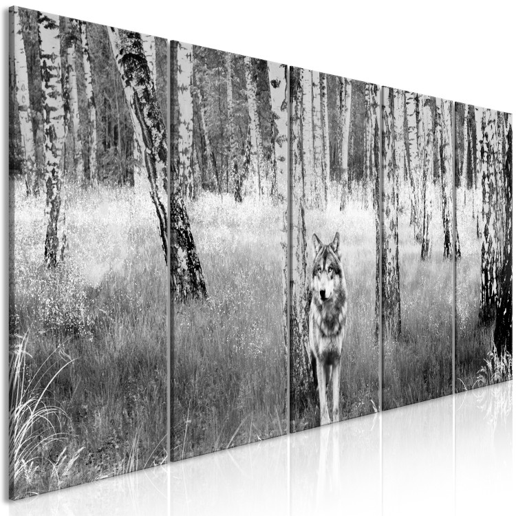 Canvas Print Lone Predator (5-part) narrow - wolf in a black and white forest 129384 additionalImage 2
