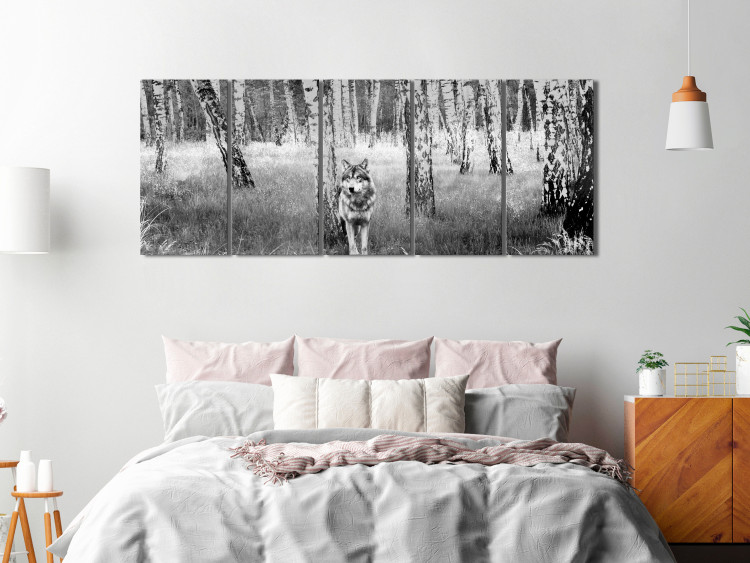 Canvas Print Lone Predator (5-part) narrow - wolf in a black and white forest 129384 additionalImage 3