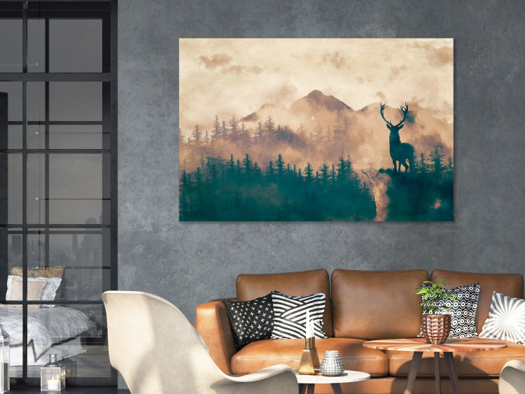 Canvas Art Print Proud Stag (1-piece) Wide - misty forest landscape scenery 131984 additionalImage 3