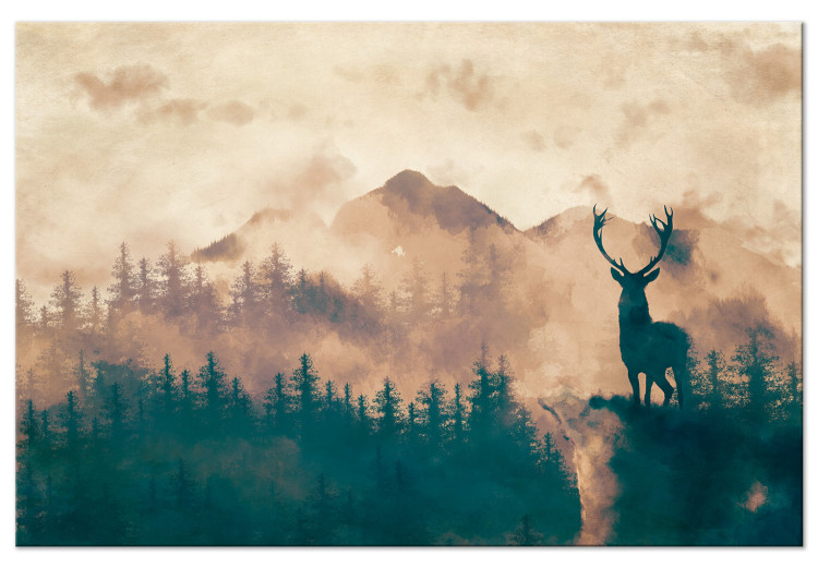 Canvas Art Print Proud Stag (1-piece) Wide - misty forest landscape scenery 131984
