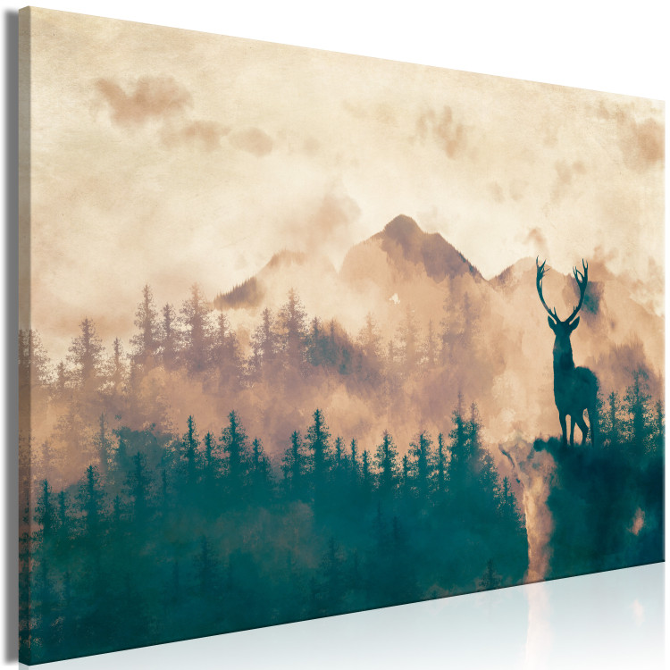 Canvas Art Print Proud Stag (1-piece) Wide - misty forest landscape scenery 131984 additionalImage 2
