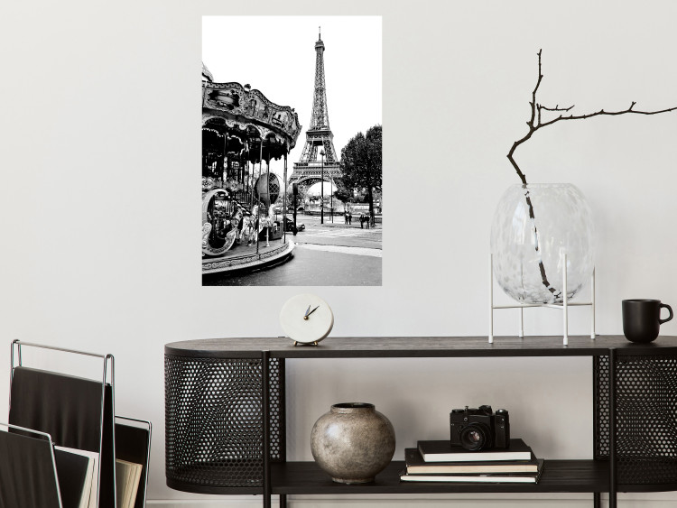 Wall Poster Parisian Carousel - black and white carousel landscape with the Eiffel Tower in the background 132284 additionalImage 2