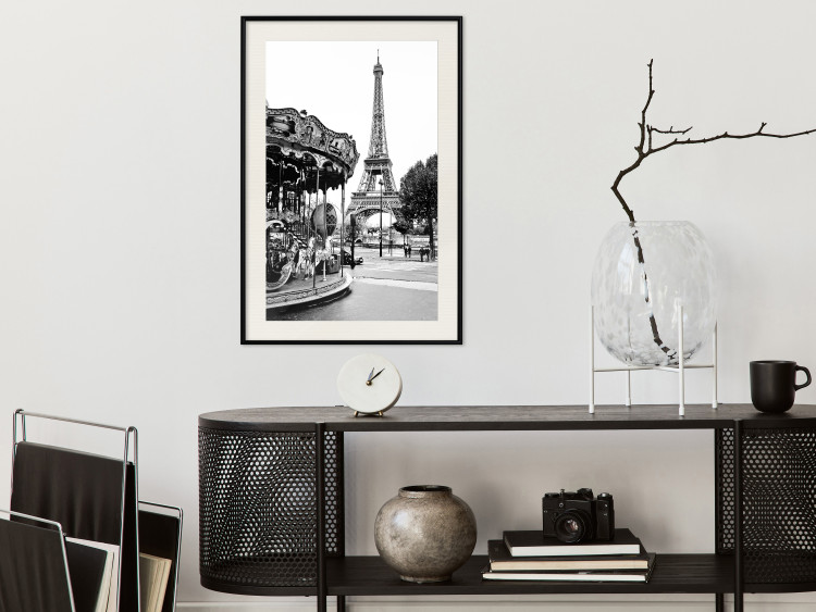 Wall Poster Parisian Carousel - black and white carousel landscape with the Eiffel Tower in the background 132284 additionalImage 24