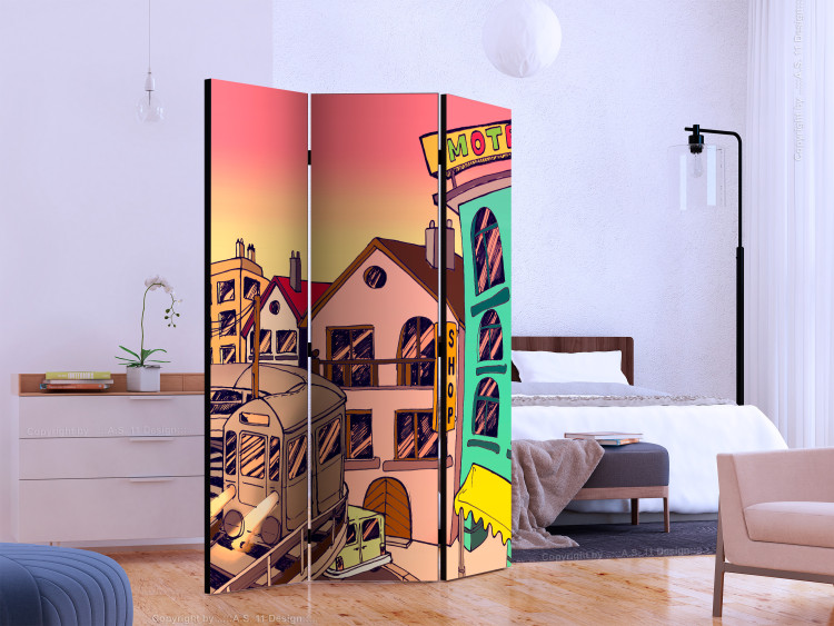 Folding Screen Morning in a City (3-piece) - cartoonish colorful architecture 132684 additionalImage 2