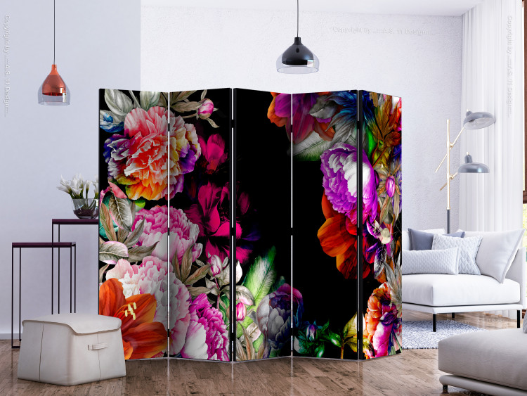 Room Divider Warm Tones of Summer II - colorful bouquet of various flowers on a black background 133784 additionalImage 2