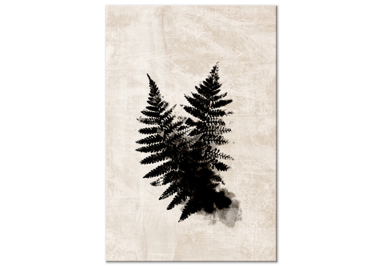 Canvas Art Print Black fern - two leaves in black on a bright, shabby background 134484