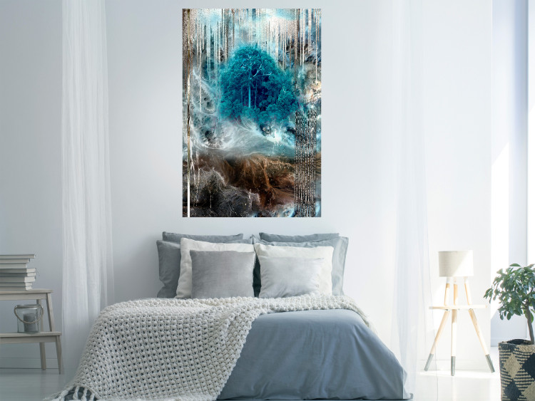 Poster Sanctuary - abstract forest landscape with a turquoise tree in the center 134584 additionalImage 2