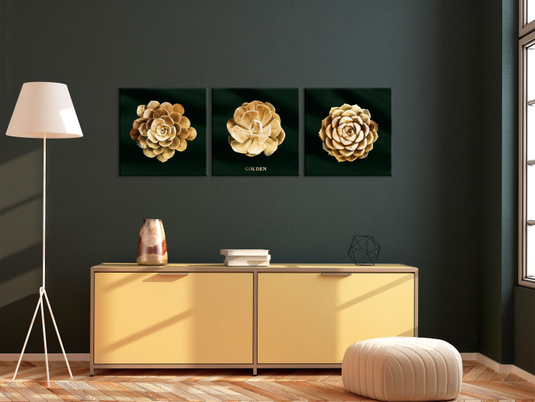Canvas Precious Succulents (3-piece) - golden flowers in glamour motif 135384 additionalImage 3