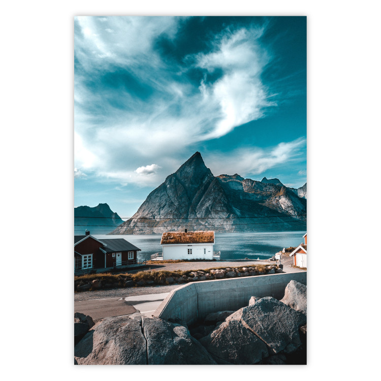 Poster Cottage by the Bay - landscape of a small town against rocky mountains 138784