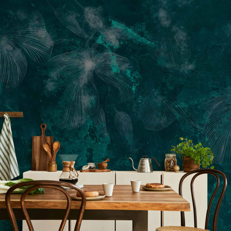 Wall Mural Ephemeral flowers - lineart style composition on malachite background 144484 additionalImage 6