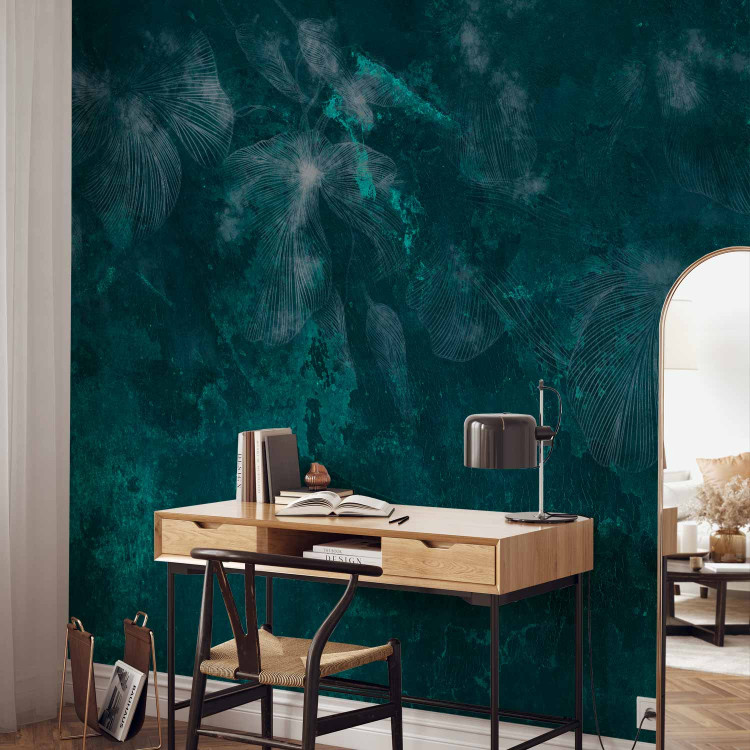 Wall Mural Ephemeral flowers - lineart style composition on malachite background 144484