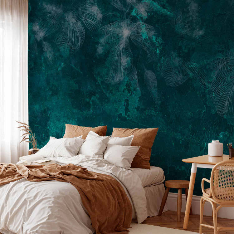 Wall Mural Ephemeral flowers - lineart style composition on malachite background 144484 additionalImage 2