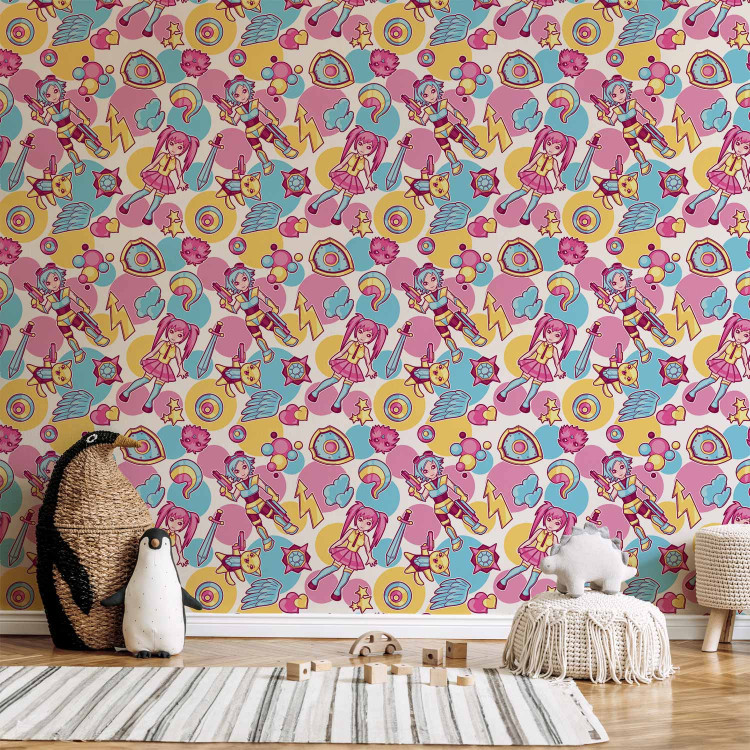 Modern Wallpaper Kawaii - Colorful Characters from an Animated Fairy Tale on a Colored Background 146384