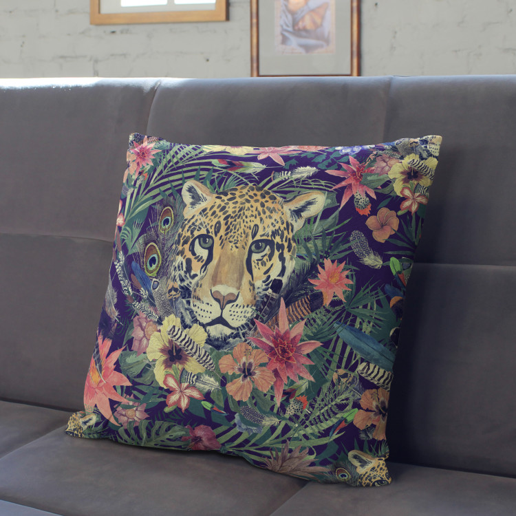 Decorative Microfiber Pillow Cheetah in the leaves - wild animal, floral print in watercolour style cushions 146884 additionalImage 3