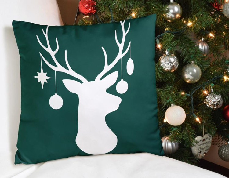 Decorative Microfiber Pillow Christmas antlers - reindeer with baubles on a bottle green background microfiber  148484 additionalImage 4