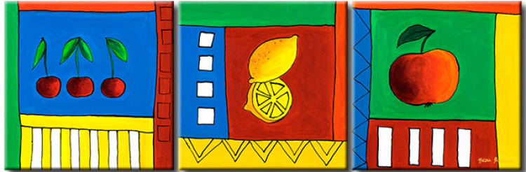 Canvas Art Print Lemon Cherry Apple (3-piece) - Illustrations on a colorful background 48484