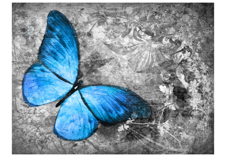 Photo Wallpaper Insect World - Beautiful blue butterfly on a gray retro pattern background 61284 additionalImage 1