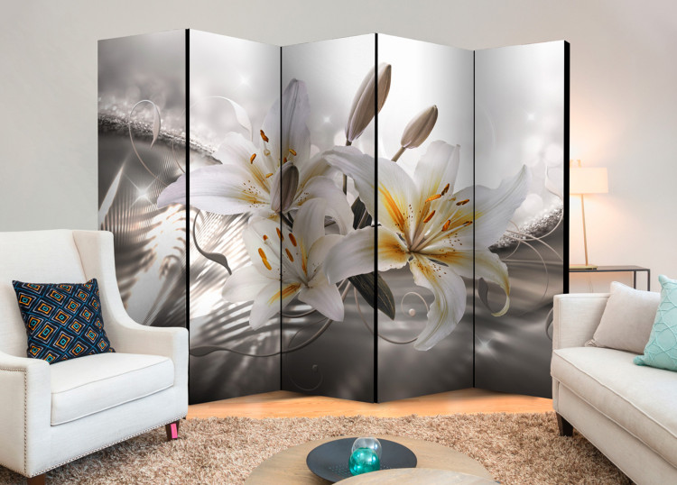 Room Divider Screen Crystalline Beauty II - white lilies on a background of silver glow 95284 additionalImage 2