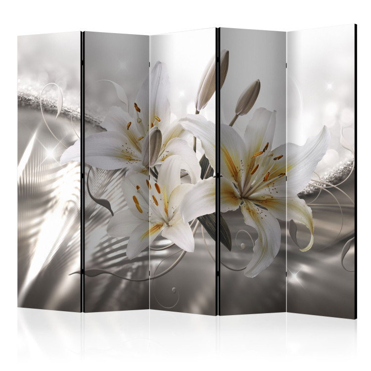 Room Divider Screen Crystalline Beauty II - white lilies on a background of silver glow 95284