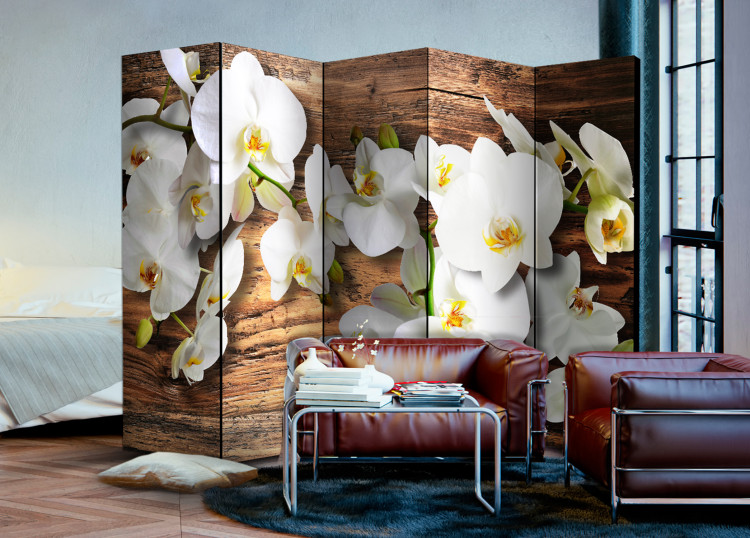 Room Separator Forest Orchid II - white orchid flowers on a wooden texture background 95684 additionalImage 4