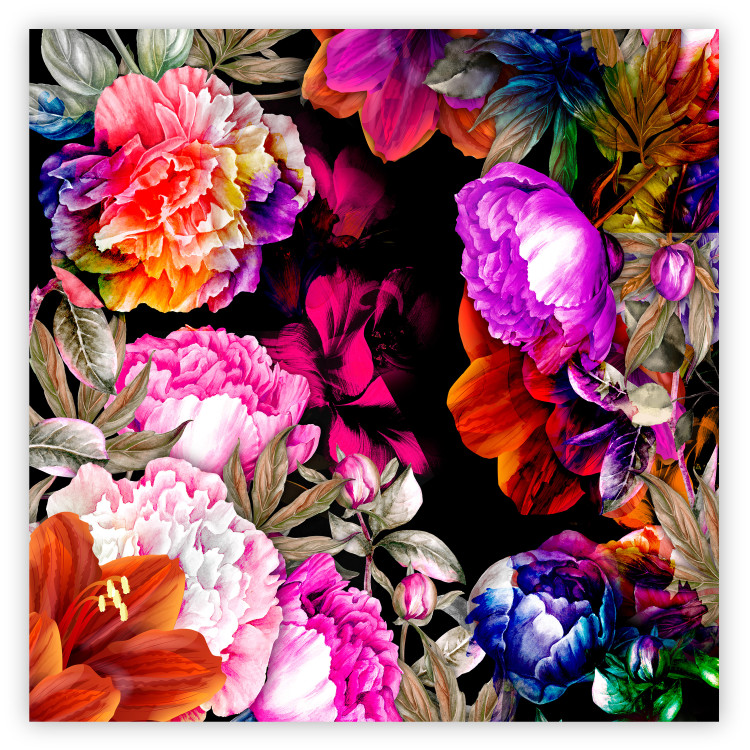 Wall Poster Summer Garden - colorful composition with peony flowers on a black background 117994