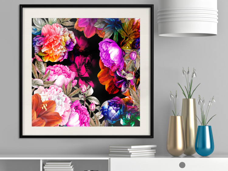 Wall Poster Summer Garden - colorful composition with peony flowers on a black background 117994 additionalImage 22