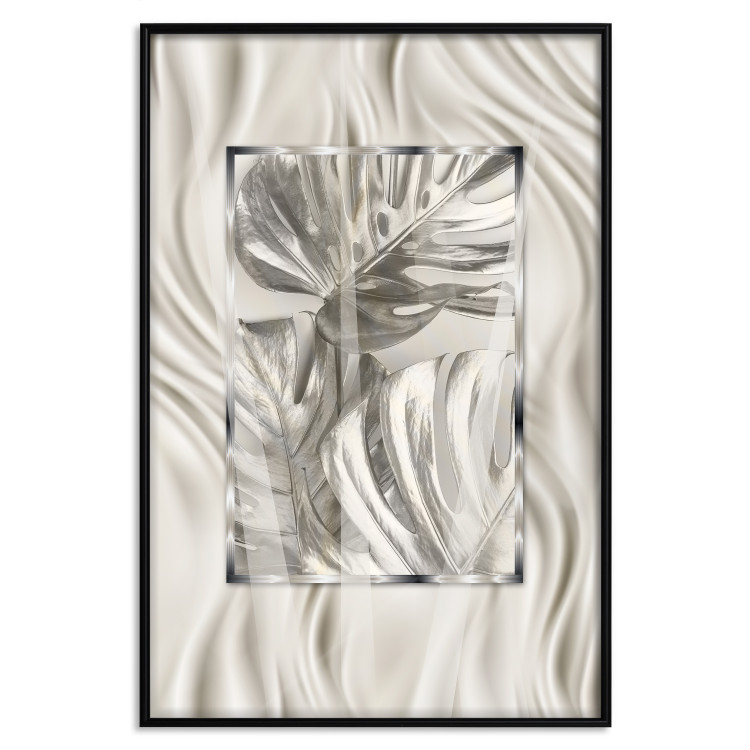 Poster Jungle Treasure - silver emblem of a tropical leaf on a white background 125894 additionalImage 24