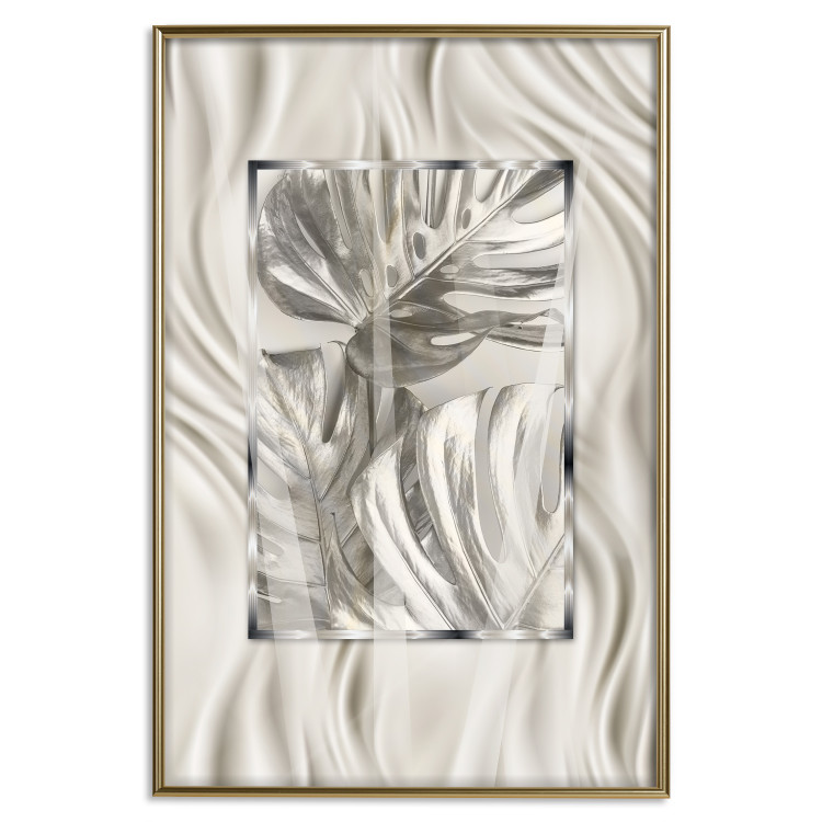 Poster Jungle Treasure - silver emblem of a tropical leaf on a white background 125894 additionalImage 20