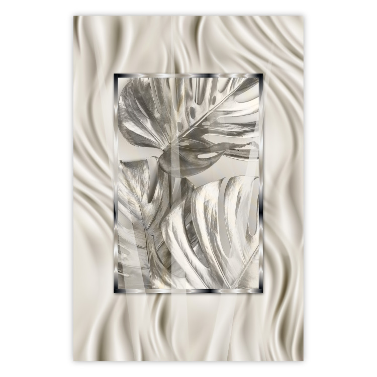 Poster Jungle Treasure - silver emblem of a tropical leaf on a white background 125894