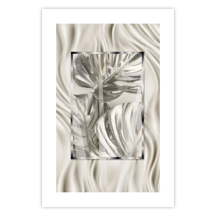Poster Jungle Treasure - silver emblem of a tropical leaf on a white background 125894 additionalImage 25
